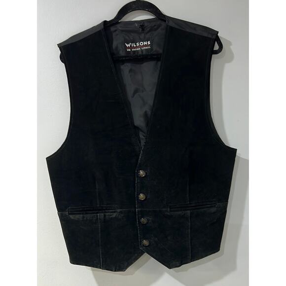 Vintage Wilsons Men's Black Leather Back Cinch Biker Motorcycle Vest Size XL - Picture 1 of 9